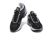 Front and top views of black and white Nike Air Max Plus III sneakers