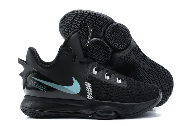 Black Nike LeBron Witness 5 basketball shoe with a light blue side logo