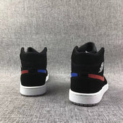 Rear view of the pair showing red and blue side details, black collars, and white midsoles.
