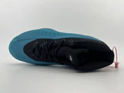 Top view of the black and blue shoe with pink heel tag