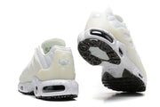 Rear and outsole views of white Nike Air Max Terrascape Plus sneakers.