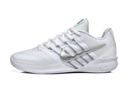Side profile of a white low-top basketball shoe with a metallic Swoosh and signature detail