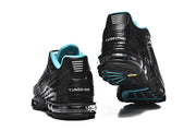 Rear and outsole views of black Nike Air Max Plus III sneakers with blue accents.