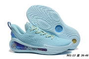 Light blue Curry 12 901-13 basketball shoes with a blue outsole and yellow details.