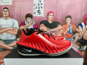 Side view highlighting the red upper, black midsole section, Nike swoosh, and textured white outsole.