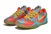 Pair of multicolor Kobe 8 sneakers with red, blue, yellow, and teal graphics.