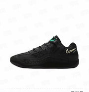 Side profile of a black Nike KD 18 basketball sneaker showing layered side detailing, textured panels, green tongue branding, and a light-colored heel Swoosh.