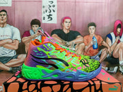 Pair of multicolor PUMA basketball sneakers in purple, green, orange, pink, and black, shown from the side.