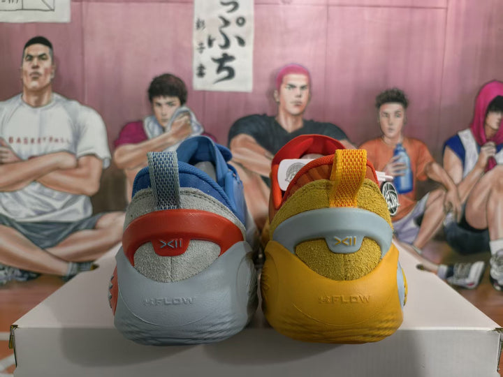 Rear view of mismatched yellow-orange and blue-grey basketball shoes showing contrasting heel panels and Flow markings.