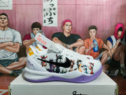 Side view showing the black Swoosh, colorful character artwork, white upper, and purple outsole.