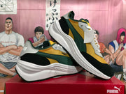 Pair of yellow, black and green PUMA Rider Elite sneakers shown from the side