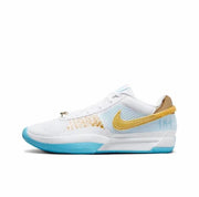 Side view of a white low-top basketball sneaker with a gold Swoosh, light blue heel panel, and turquoise outsole.