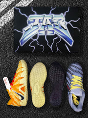 Yellow and blue sneaker components displayed beneath a graphic shoebox.