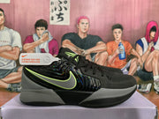 Side view of a black and grey Nike sneaker showing the glossy side panel, lime-green outlined Swoosh, and grey midsole.