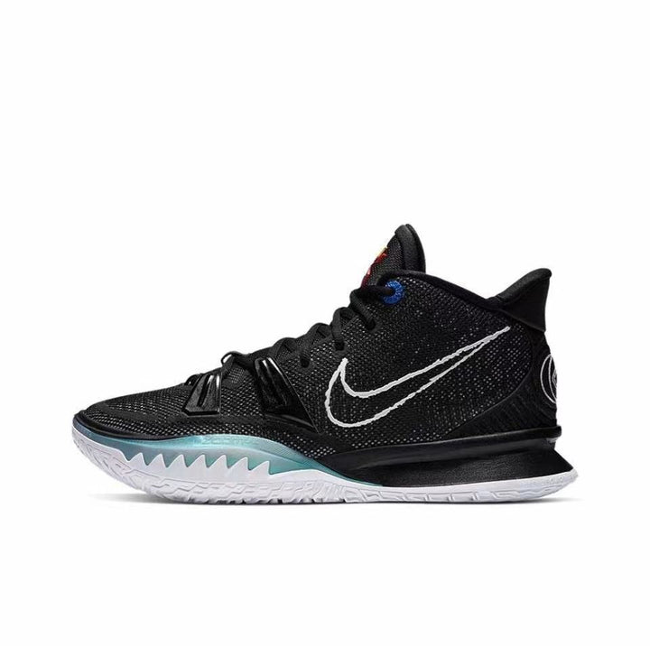 Black Nike Kyrie 7 basketball sneaker with white Swoosh branding, blue accent details, and a white outsole.