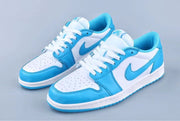 Three-quarter view of the pair showing the blue-and-white color blocking and low-top shape.