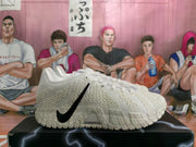 Side view of a white Nike basketball sneaker with a black Swoosh and textured outsole