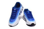 Top and front views of a pair of blue and white sneakers
