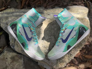 Overhead view of both patterned high-top shoes