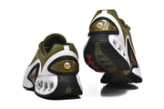 Rear and outsole views of olive green Nike Air Max DN sneakers.