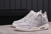Pair of white and gray Jordan low-top sneakers shown from a front three-quarter angle.