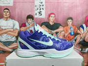 Side view of blue-purple Nike Zoom basketball sneaker with pale mint accents and patterned upper.