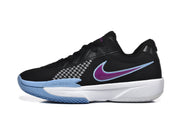 Side profile of one black sneaker showing the purple-and-blue side logo, white midsole, and light blue outsole.