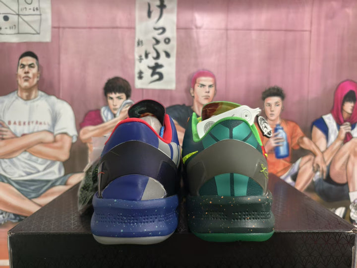 Rear view of a mismatched Nike basketball shoe pair, showing contrasting blue and green heels.