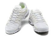 Front views of a pair of white Nike Air Max Terrascape Plus sneakers.