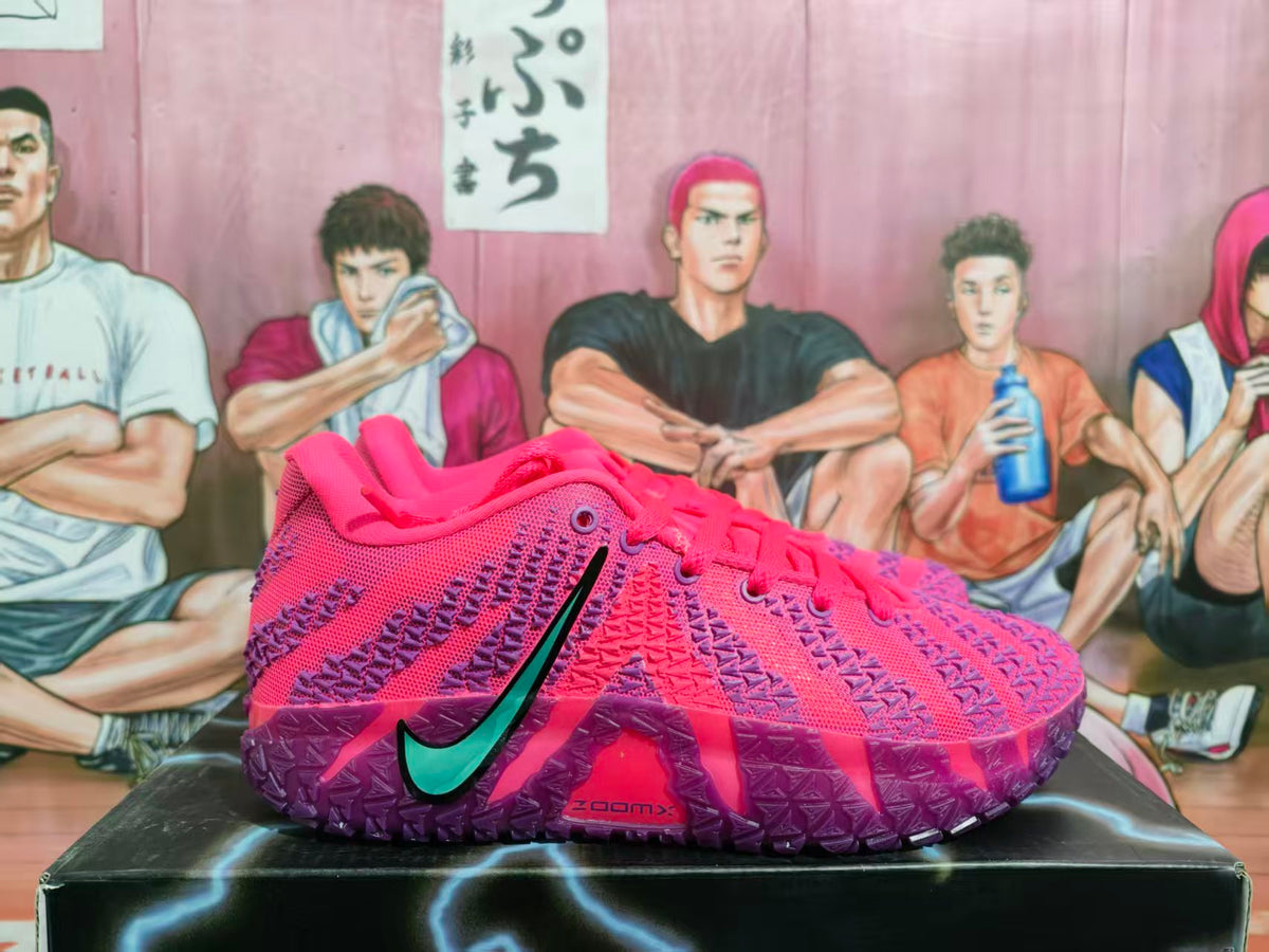 Side view of pink and purple Nike LeBron XX basketball shoes with a teal Swoosh