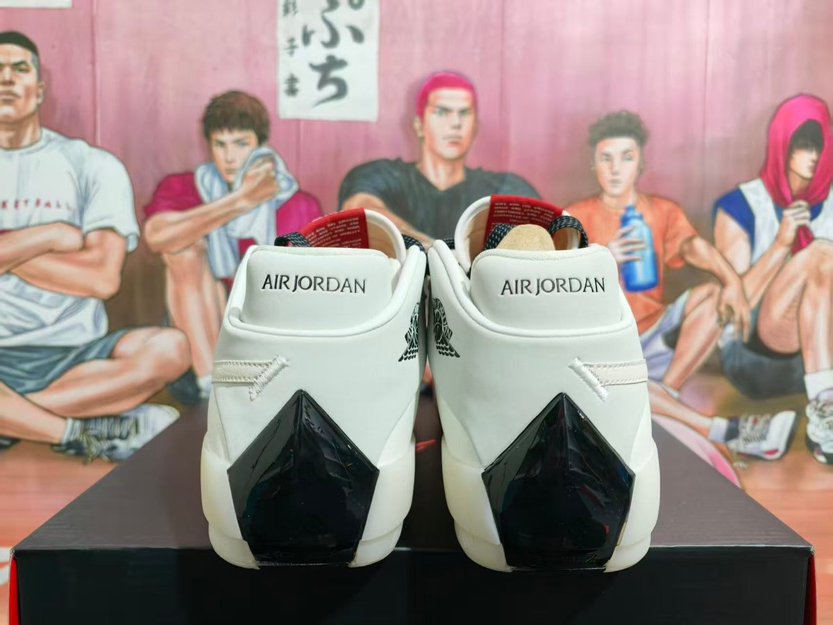 Rear view of white Jordan high-top shoes with black heel details and Air Jordan branding.