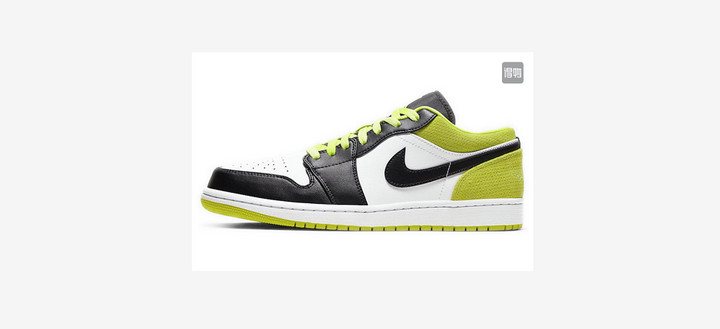 Side view of a low-top Nike sneaker in grass green, black and white with green laces and a contrasting Swoosh.