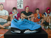 Side profile of a blue sneaker with perforated panels and a black midsole