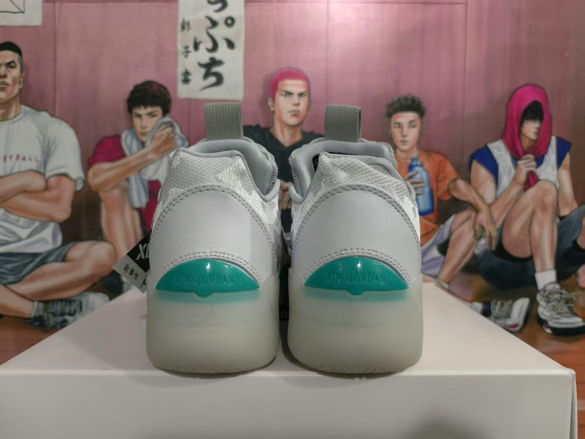 Rear view of grey Jordan basketball sneakers showing teal heel accents and Jordan branding.