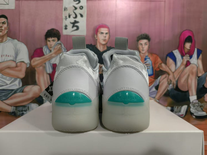 Rear view of grey Jordan basketball sneakers showing teal heel accents and Jordan branding.