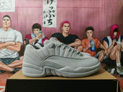 Side view of a wolf grey Jordan basketball sneaker showing its textured panels and lace-up design.