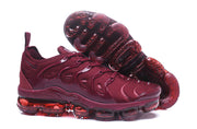 Pair of burgundy Nike sneakers, including a view of the translucent outsole.
