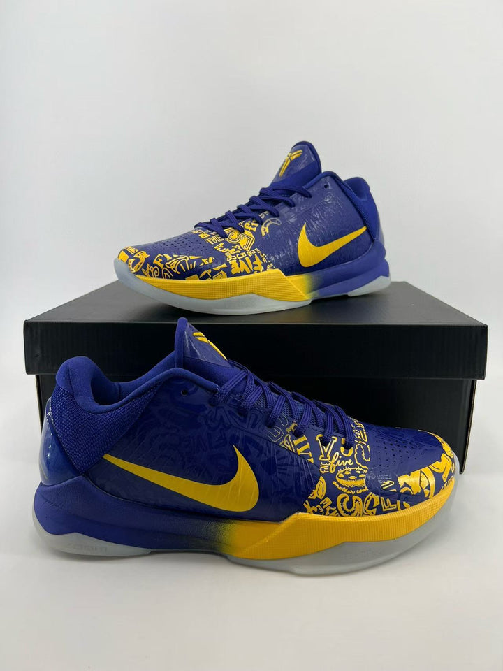 Nike Kobe basketball shoes in blue and gold shown from two angles