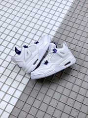 Pair of white and purple high-top sneakers displayed on a metal grid surface.
