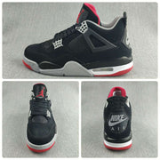 Collage showing side, front, and rear views of the black, white, and red sneakers.