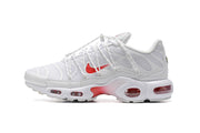 Side profile of a white sneaker with red Nike Swoosh and visible cushioning units.
