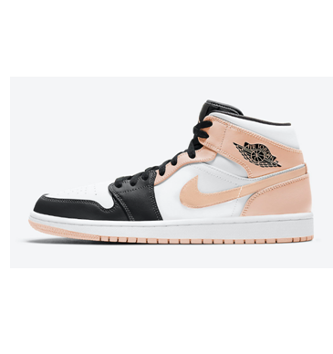Side view of pink, black and white Jordan high-top sneakers with a side Swoosh and winged basketball ankle logo.