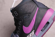 Close-up of the Jordan ankle branding, purple side swoosh, and layered upper panels.