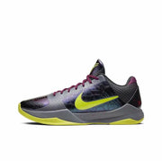 Dark multicolor Kobe 5 basketball sneaker with a bright lime side swoosh and lime outsole accents.