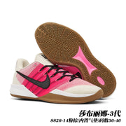 Cream and bright pink Sabrina 3 basketball shoes with black Swoosh and gum outsole; caption gives style code 8826-14 and sizes 36–46.