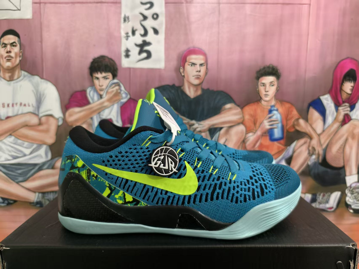 Side view of blue and black Nike basketball sneakers with bright green swooshes and patterned heel panels.