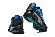 Rear and outsole views of the blue patterned Nike Air Max Plus VII sneakers.