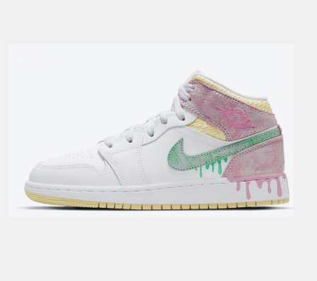 Side view of a white Jordan sneaker with pink panels, a green Swoosh, and dripping-color graphics.