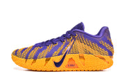 Side profile of a purple and gold Nike Ja shoe with LSU lettering on the sole