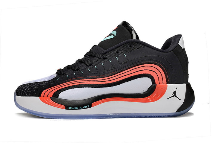 Black, red, and white Luka basketball sneaker in side profile.